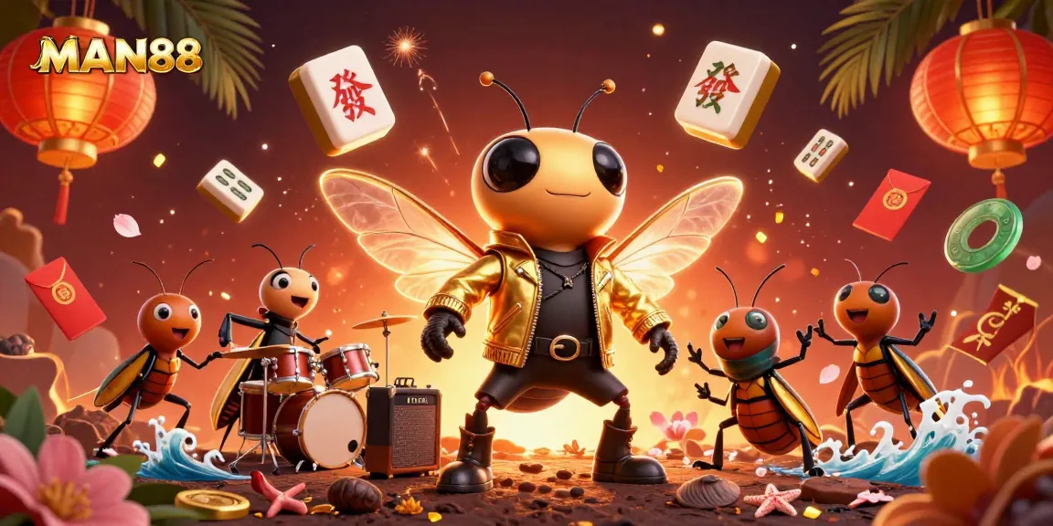 Join the excitement at MAN88 as a cicada rock star and friends celebrate in a vibrant casino scene.