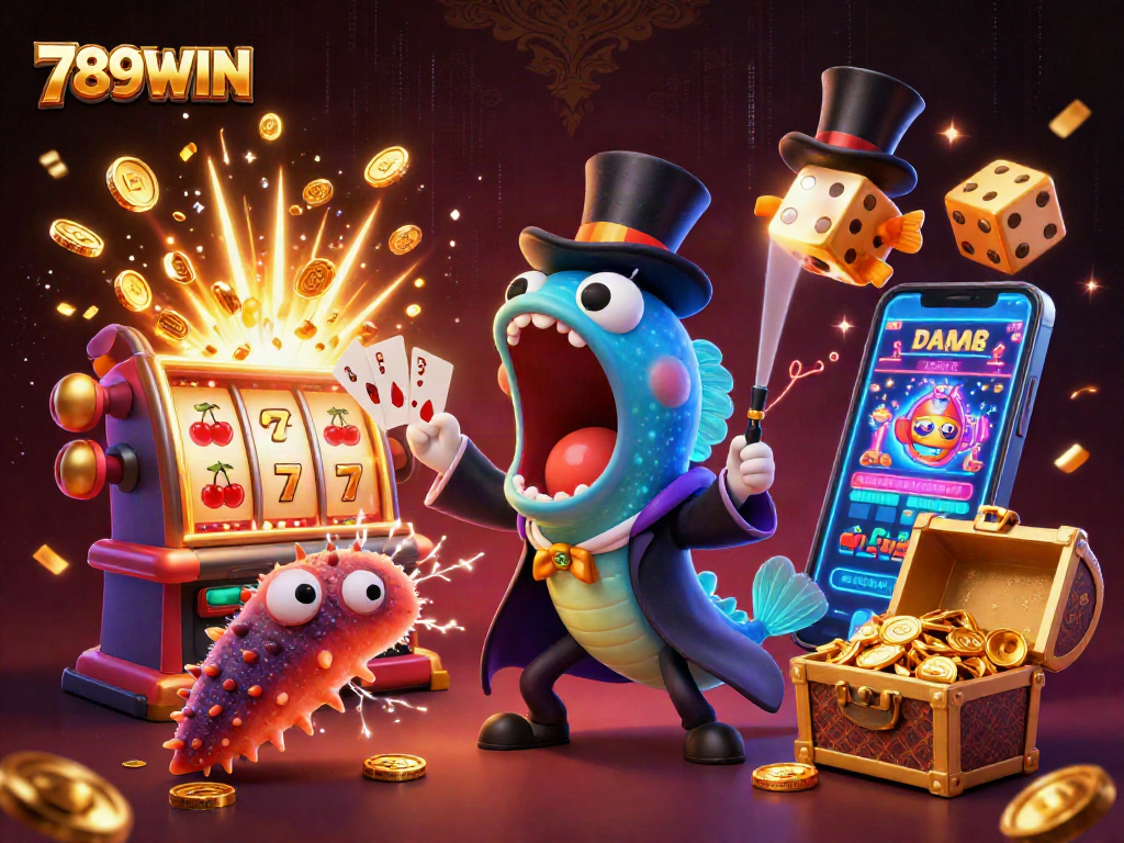 Engage with exciting card tricks and casino magic at 789WIN, featuring vivid 3D characters in a dynamic scene.