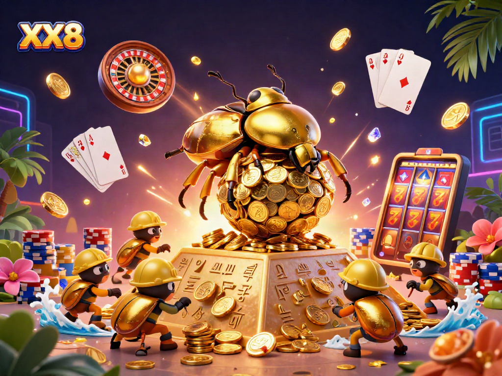 Experience the thrill at XX8 casino, featuring a golden dung beetle rolling coins and vibrant gaming elements.