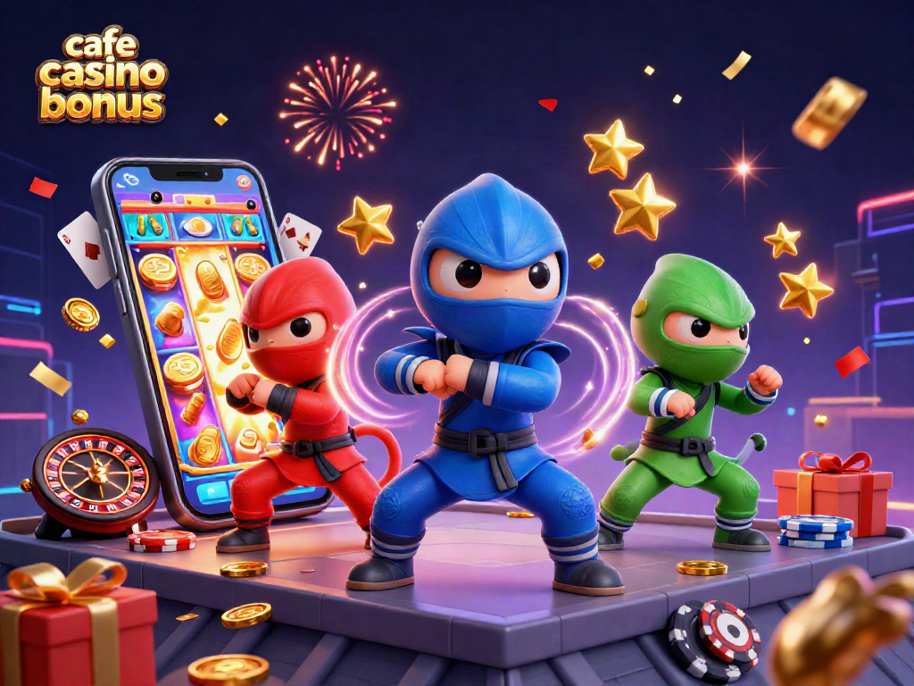 Experience the cafe casino bonus with vibrant chameleon ninjas celebrating winning spins!