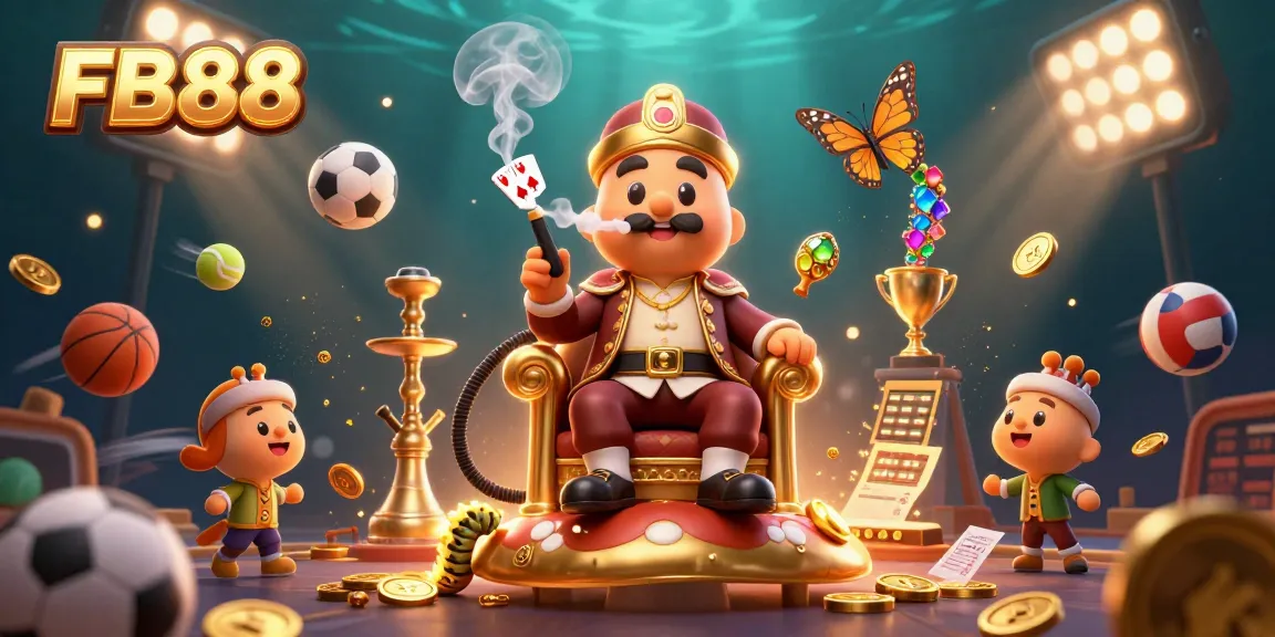 FB88 presents an exciting scene with a caterpillar poker master surrounded by sports elements and gold coins.