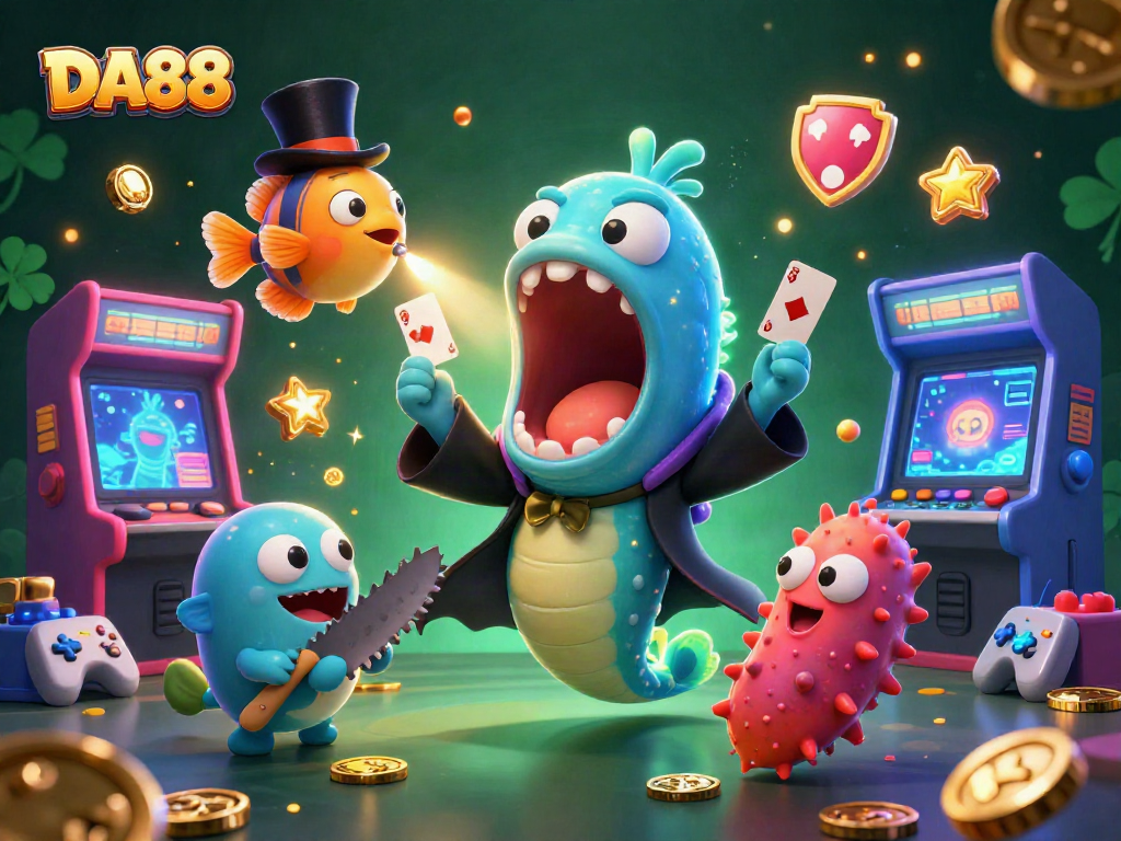 Perform exciting card tricks with DA88 in this vibrant casino scene featuring playful marine creatures.