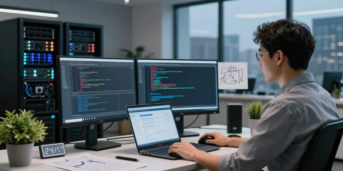 Professional Linux server security audit workspace showcasing dual monitors and server monitoring tools.