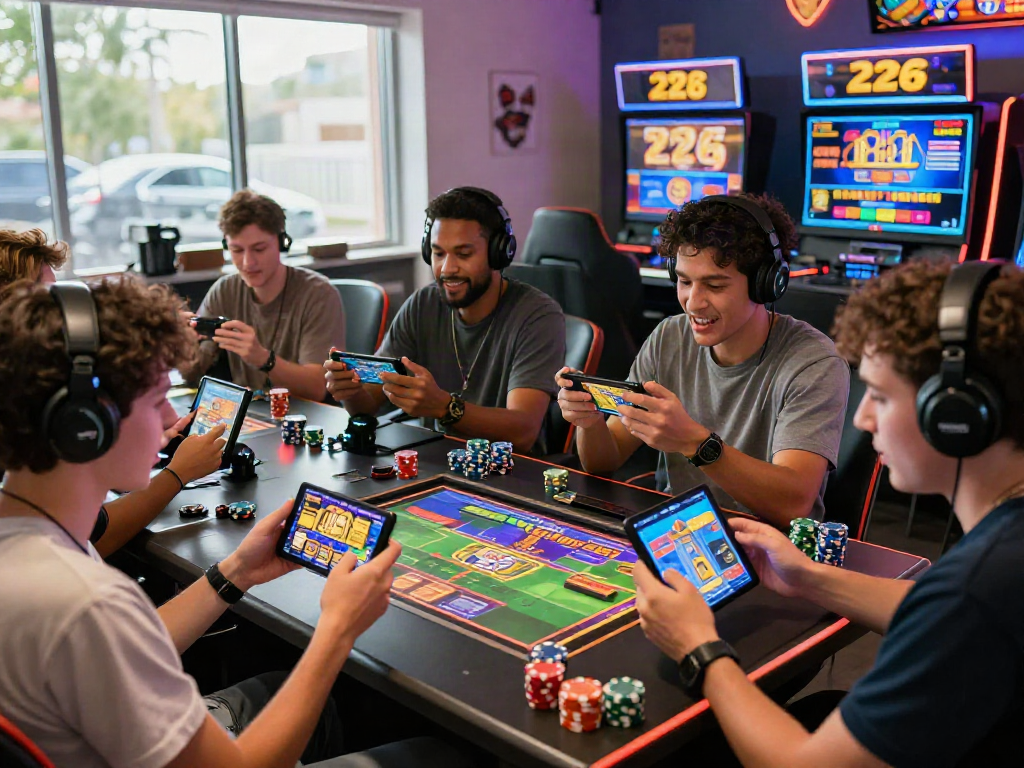 Engaged players enjoying a slot game session in a vibrant online gaming atmosphere, showcasing mobile devices and colorful graphics.