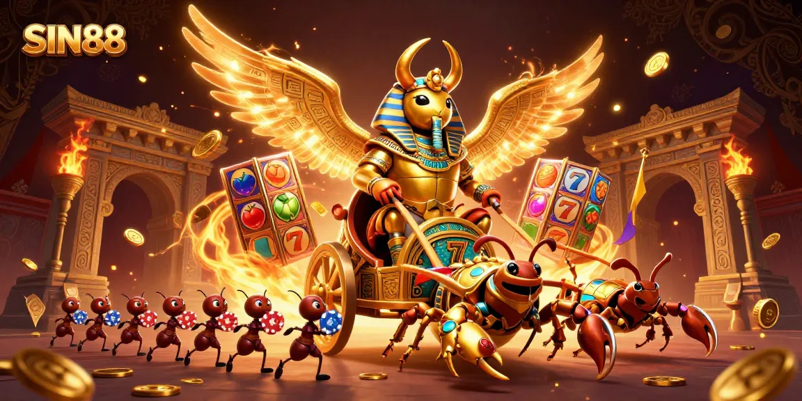 SIN88 showcases a grand online casino scene featuring a colossal golden scarab beetle and vibrant slot elements.