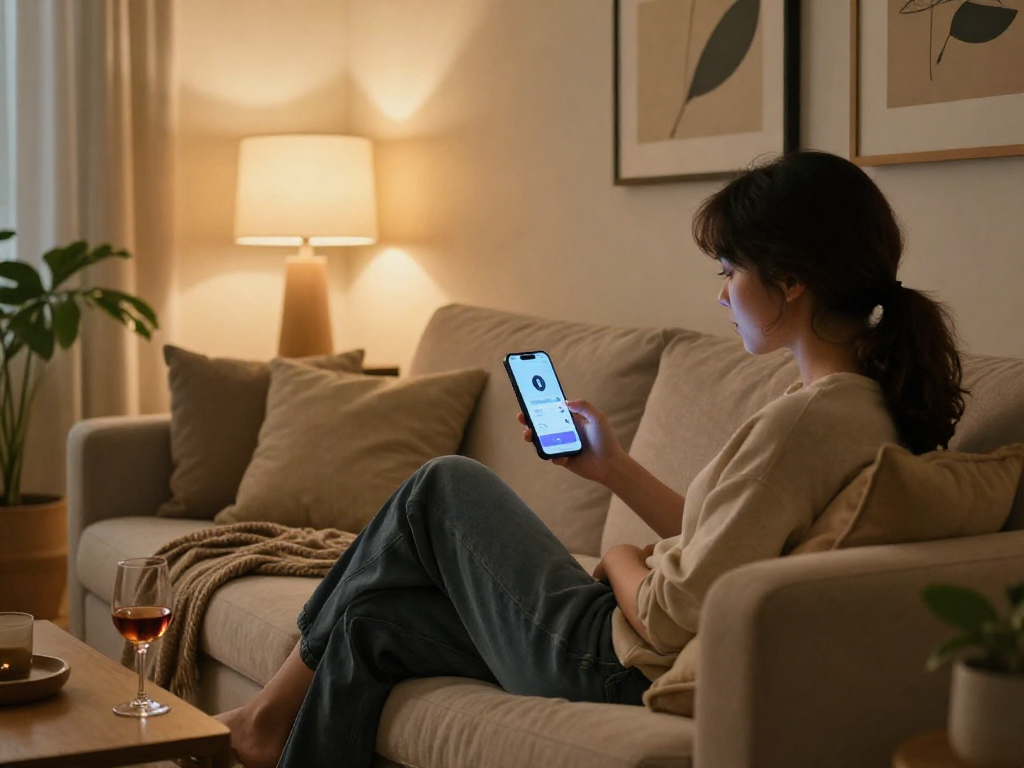 Engaging in ai sexting on a smartphone in a cozy living room atmosphere.