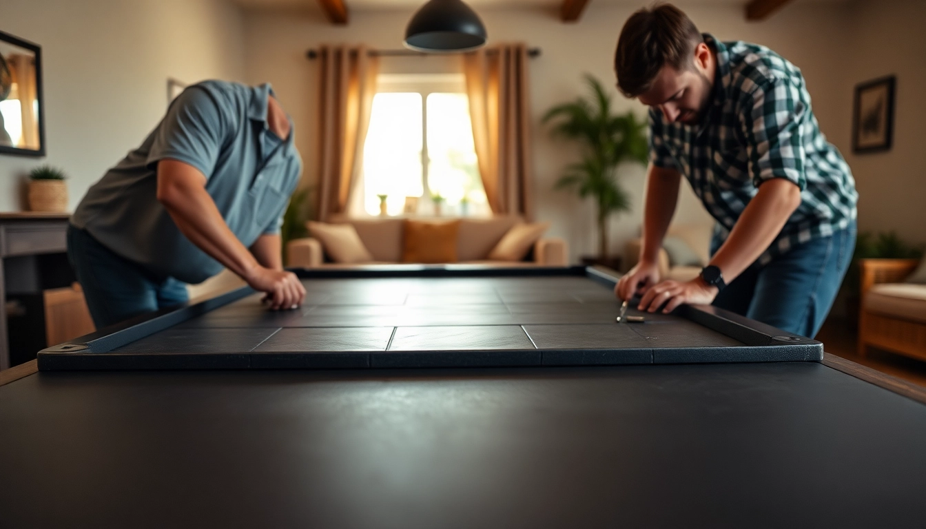 Efficient pool table movers dallas setting up a beautifully crafted slate table.