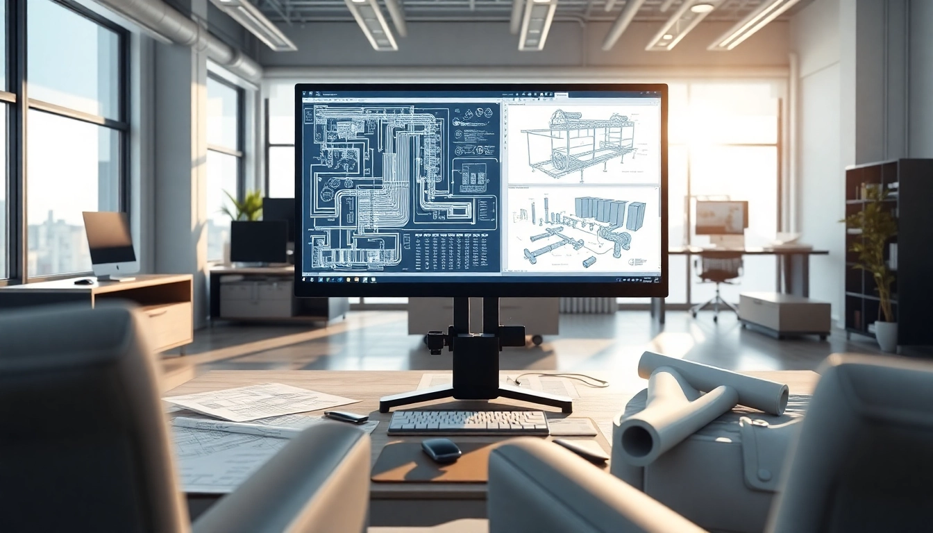 View of a detailed Plant 3D piping design on a computer screen in a modern engineering office.