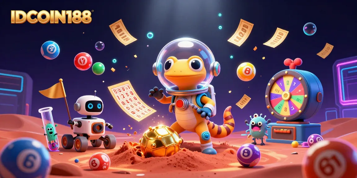 IDCOIN188 showcases a vibrant 3D gecko exploring a golden casino, filled with bouncing lottery balls and immersive effects.