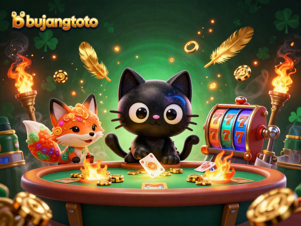 Experience the thrilling universe of bujangtoto with an interactive cosmic casino scene featuring a whimsically illustrated cat and fox.