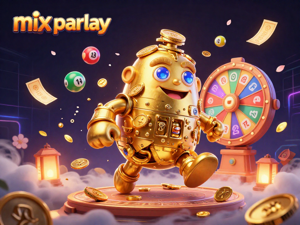 Engage with mix parlay betting strategies illustrated in a vibrant scene featuring a golden golem and lottery elements.