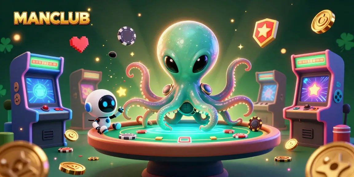 Engage with MANCLUB's thrilling alien casino scene featuring a vibrant 3D octopus and exciting holographic action.