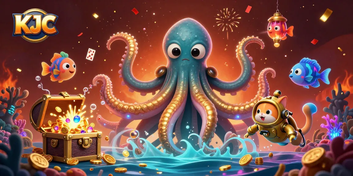 KJC creates gaming excitement with a kraken, diving cat, and treasure amidst vibrant celebration elements.