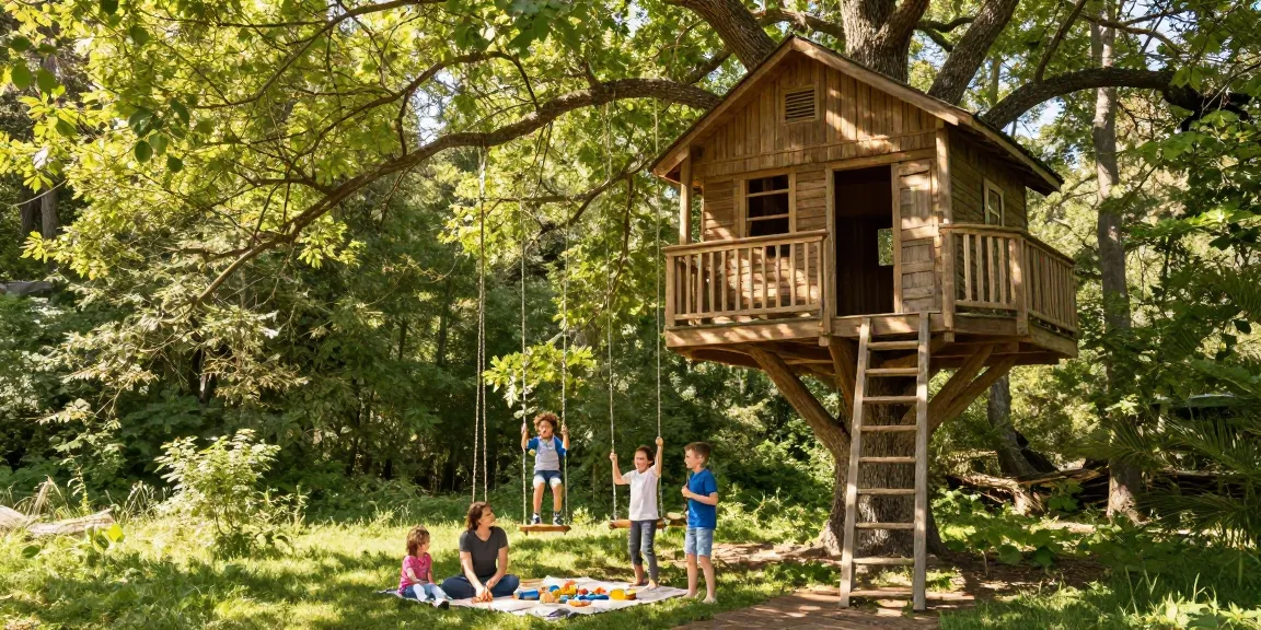 Family enjoying time in treehouses with nature in a serene forest setting.