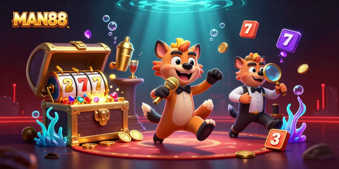 Engage with MAN88's vibrant casino atmosphere featuring animated hyenas in comedic roles amidst vibrant gambling elements.