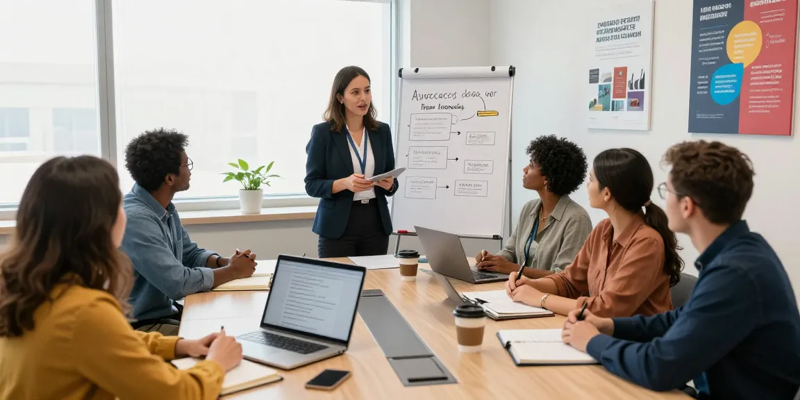 advocacycoaching session with diverse group in office, discussing strategies and techniques