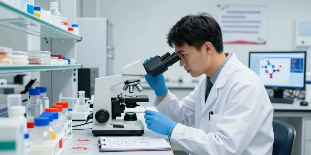 Klow peptide research in a lab with colorful vials and a scientist analyzing samples.