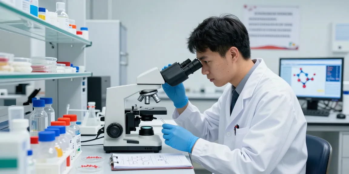 Klow peptide research in a lab with colorful vials and a scientist analyzing samples.