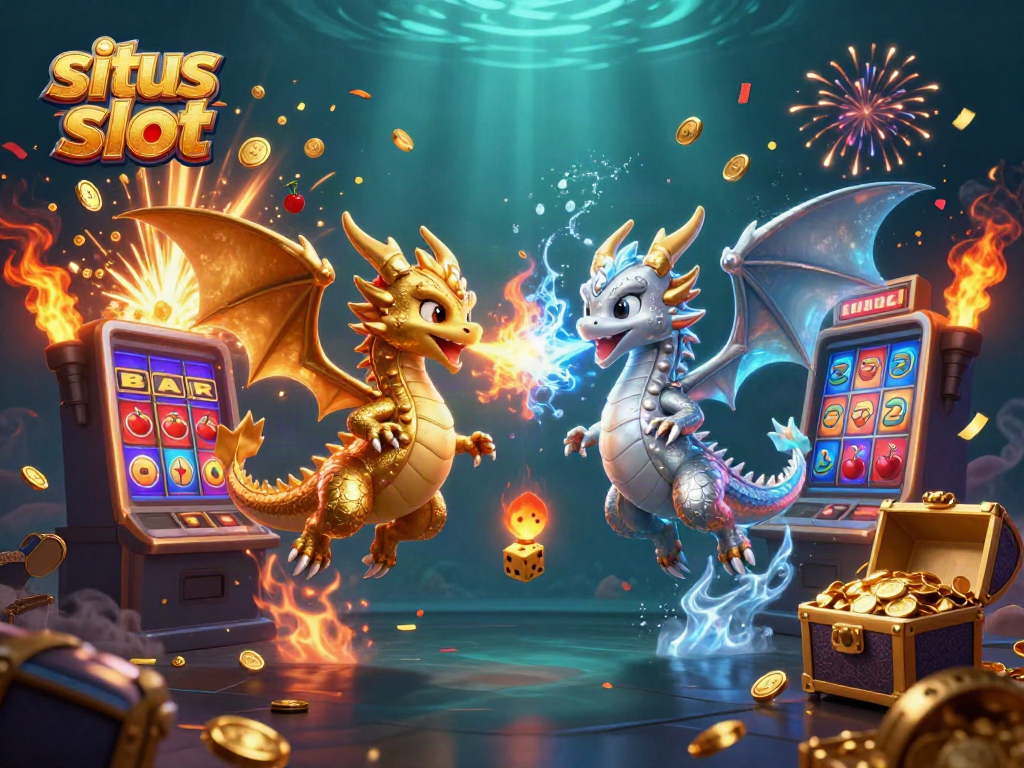 Ilustrasi 3D menunjukkan dua naga kartun bersaudara dalam penerbangan menciptakan efek yin-yang. Situs slot menarik.