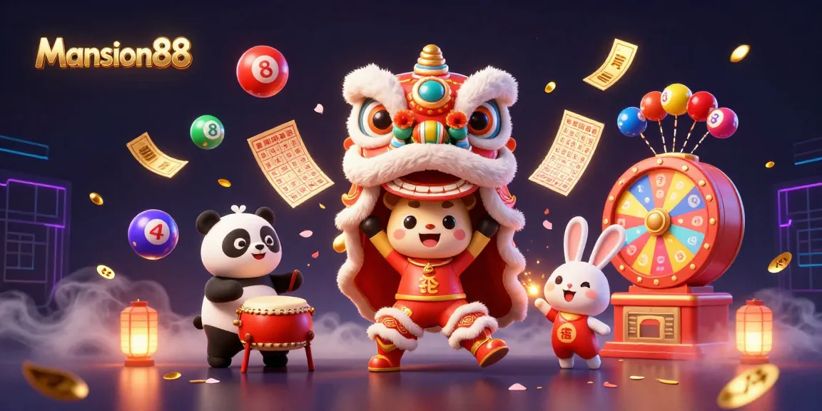 Mansion88 showcases an exciting casino scene with vibrant colors and action, featuring a lion dance costume, playful characters, and dynamic gaming elements.