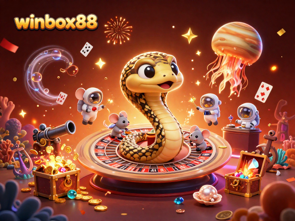 Experience the excitement at winbox88 with astronaut mice betting on Saturn's roulette, amidst colorful underwater treasures.