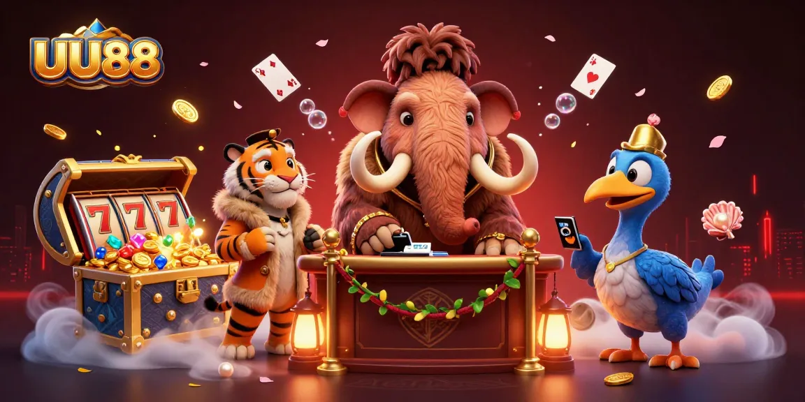 UU88 showcases a lively casino scene with a mammoth bouncer, VIP saber-tooth tiger, and playful dodo doorman.