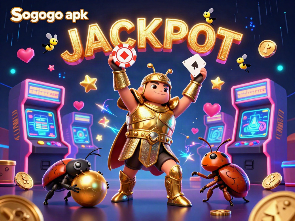 Experience winning with Sogogo apk featuring a victorious beetle and dazzling casino elements.
