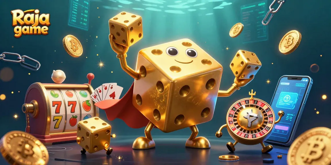 Engaging scene of Raja game showcasing a golden dice golem juggling smaller dice, surrounded by slot symbols.