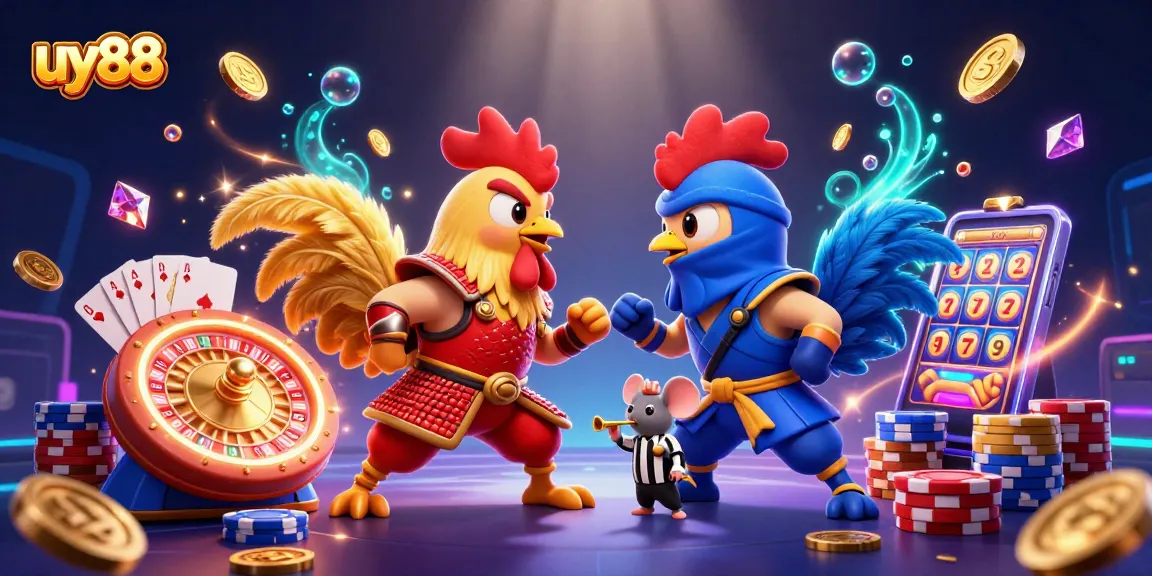 Bet on thrilling matches with uy88 as roosters confront in a colorful casino atmosphere.
