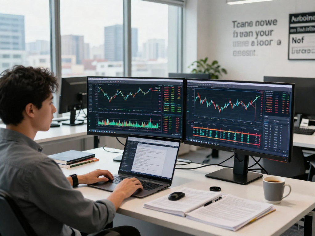 Vista profesional del entorno de trading con Immediate Edge, persona analizando datos del mercado en múltiples monitores.