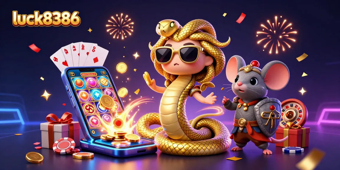 Join the excitement of luck8386 with a playful Medusa and warrior mouse in a vibrant casino scene.