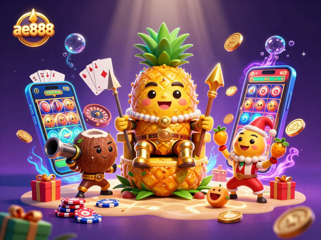 Engage with the vibrant ae888 casino scene featuring the golden pineapple king amidst dynamic slot games.