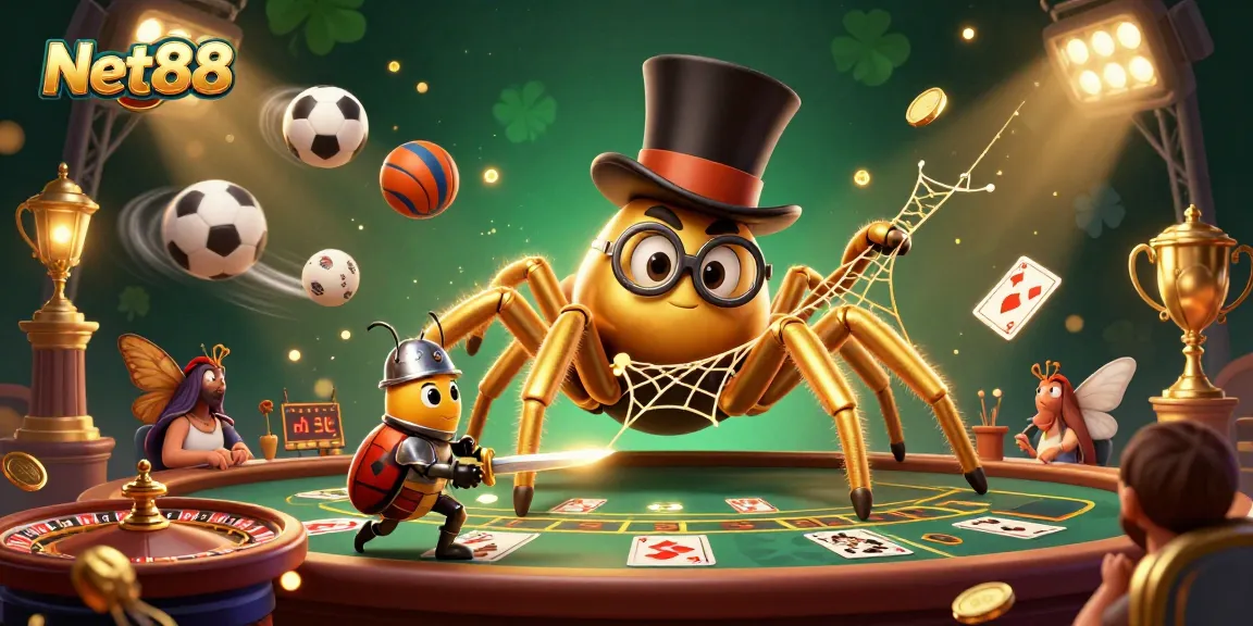 Bet on Net88 with dynamic games, featuring a golden tarantula and engaging live casino elements.