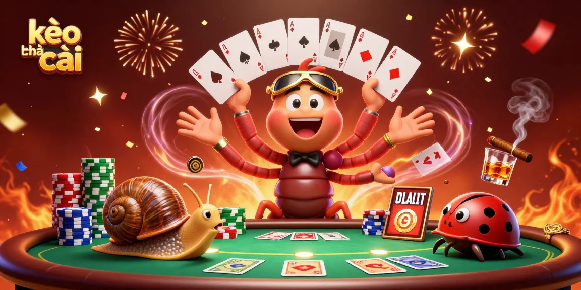 Engage with kèo nhà cái in this vibrant 3D scene featuring characters and poker game elements.