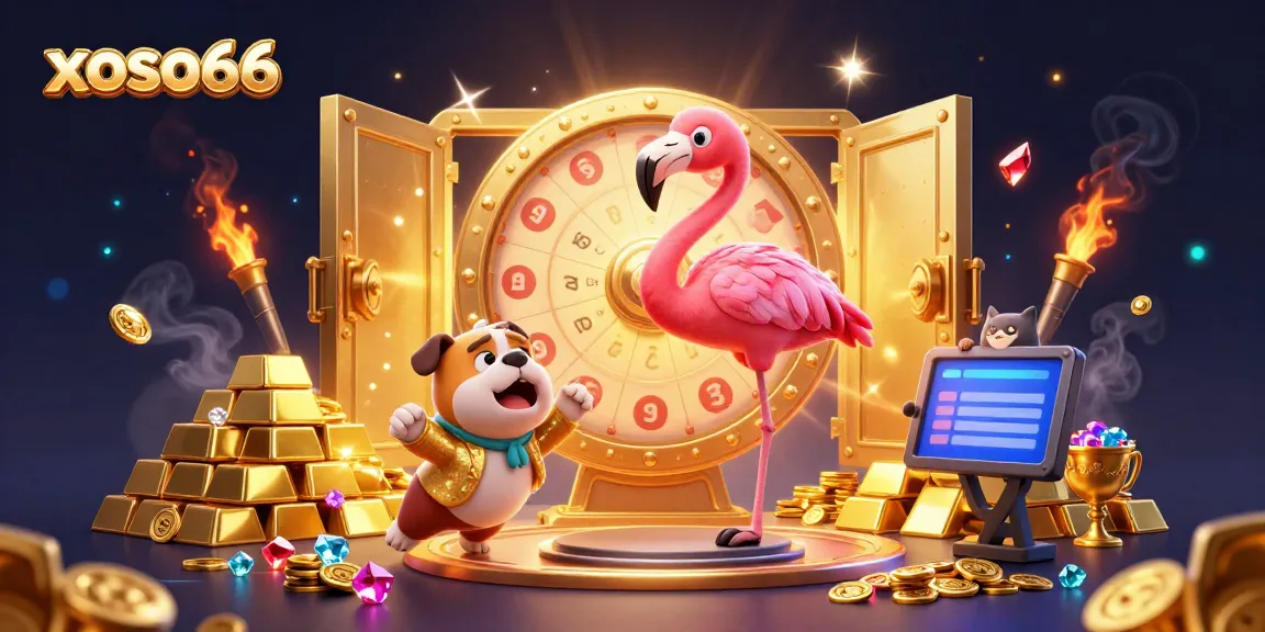 Join the excitement at xoso66 with a game show themed lottery prize scene featuring engaging 3D characters.