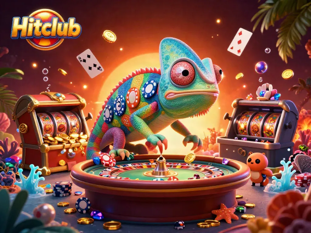 Engage with Hitclub's vibrant casino atmosphere, featuring a colorful chameleon and overflowing treasures.