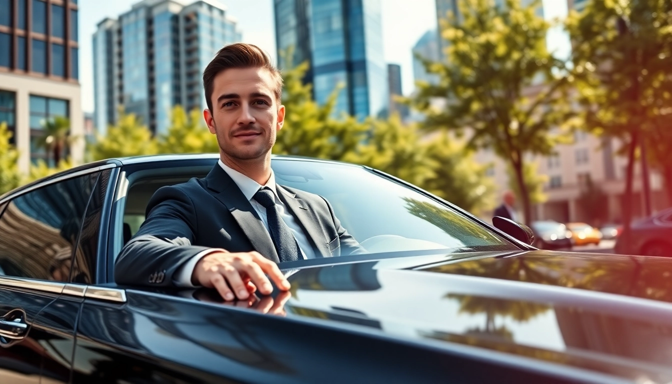 Chauffeur Vancouver providing a luxurious ride in a black sedan against the city skyline.