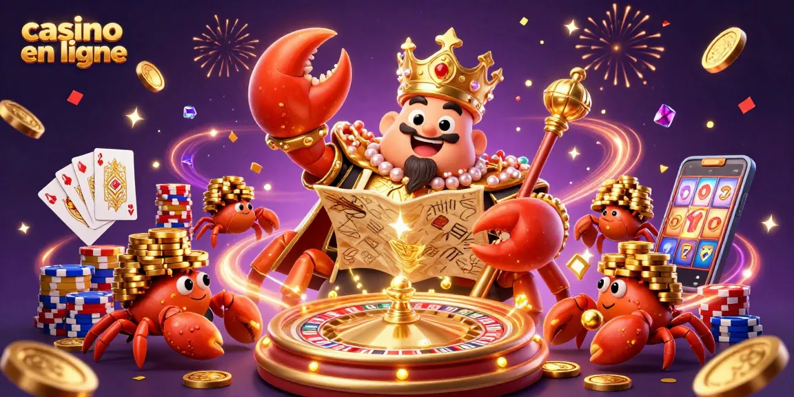 Illustrez le monde des jeux de casino en ligne avec un crabe doré majestueux et des éléments de jeu vibrants.