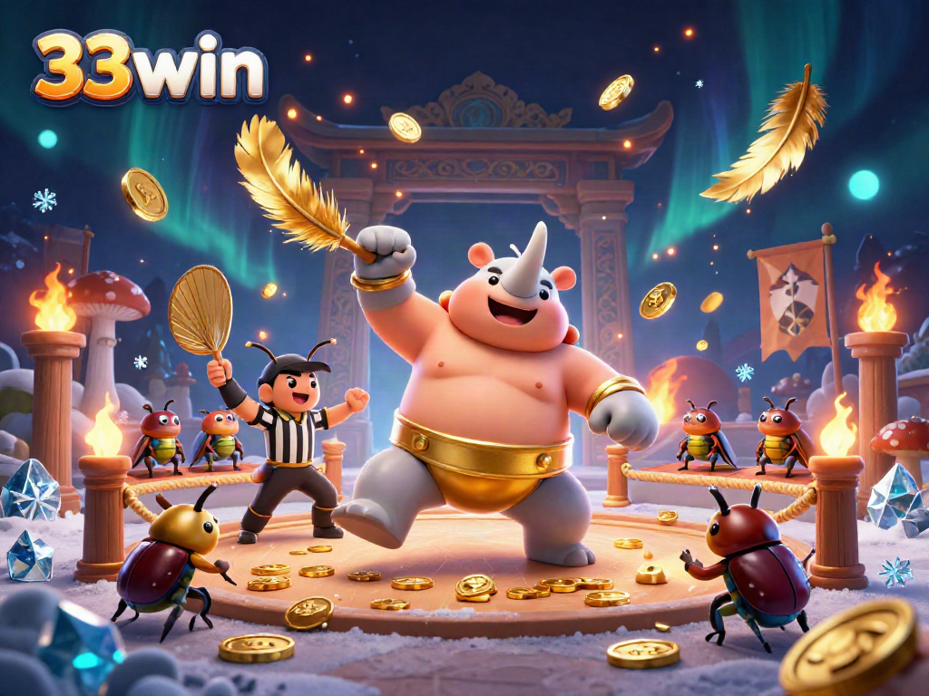 Experience thrilling action in 33win with a dynamic illustration featuring a rhinoceros beetle sumo champion.