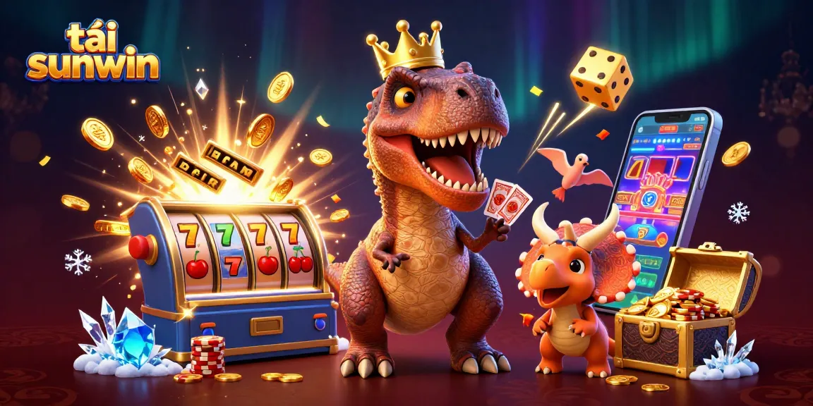 Engage with the vibrant scene of tải sunwin showcasing a cartoon T-Rex and Pterodactyl amidst a jackpot explosion.
