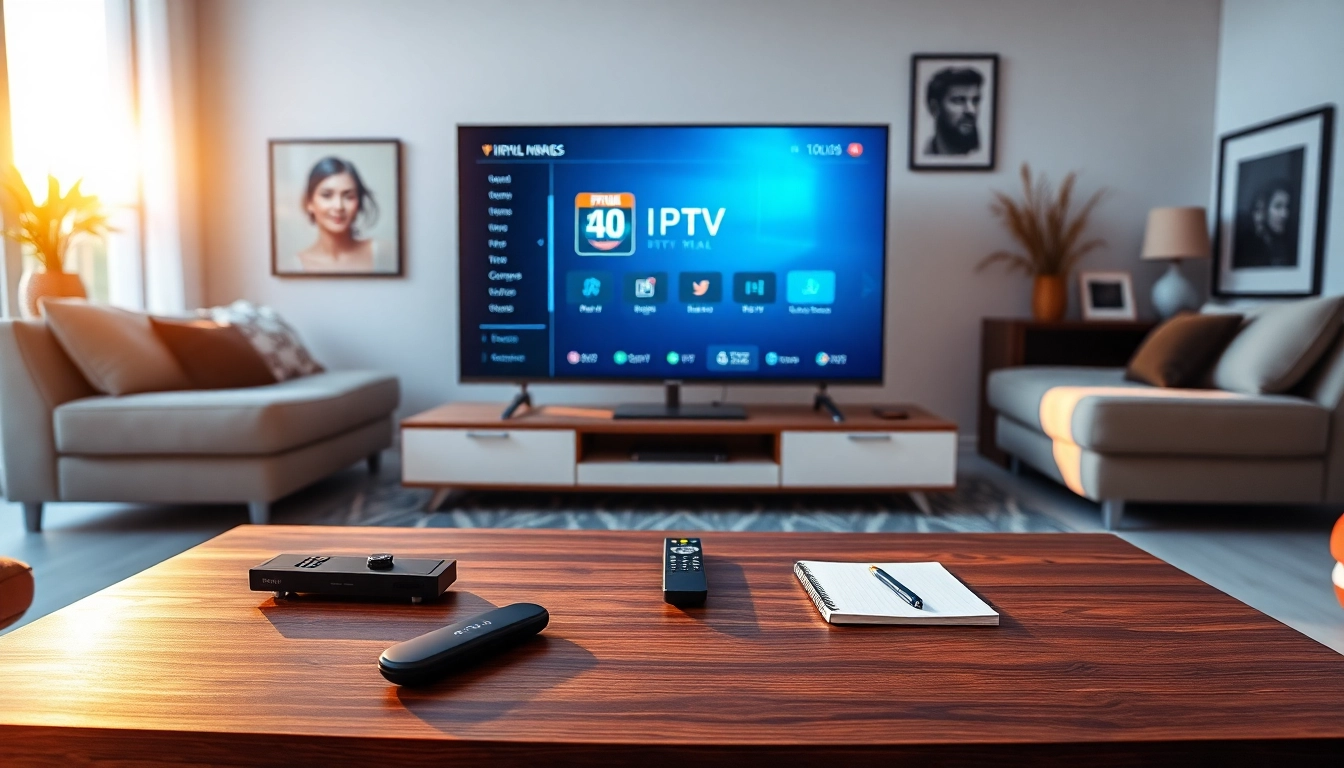 Engaging IPTV Trial interface displayed in a modern living room setup with warm lighting.