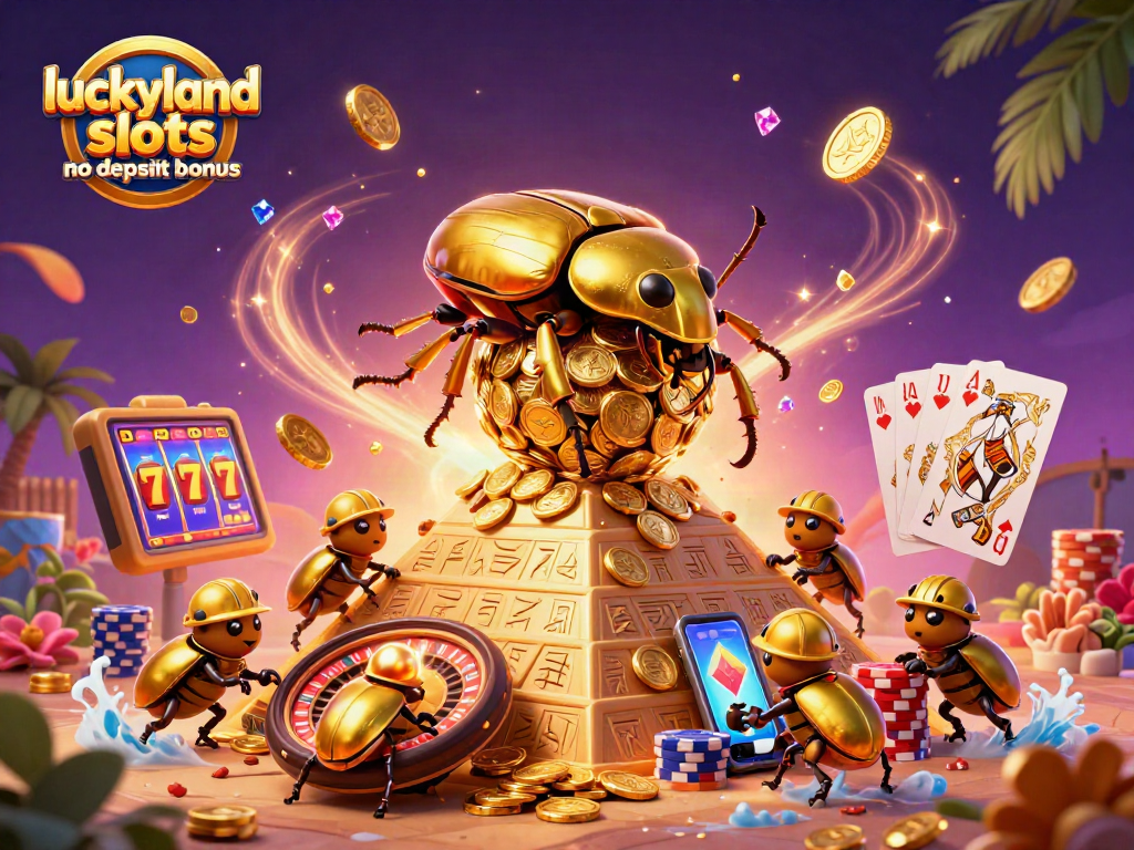 Experience the luckyland slots no deposit bonus with a vibrant casino-themed 3D scene packed with excitement!