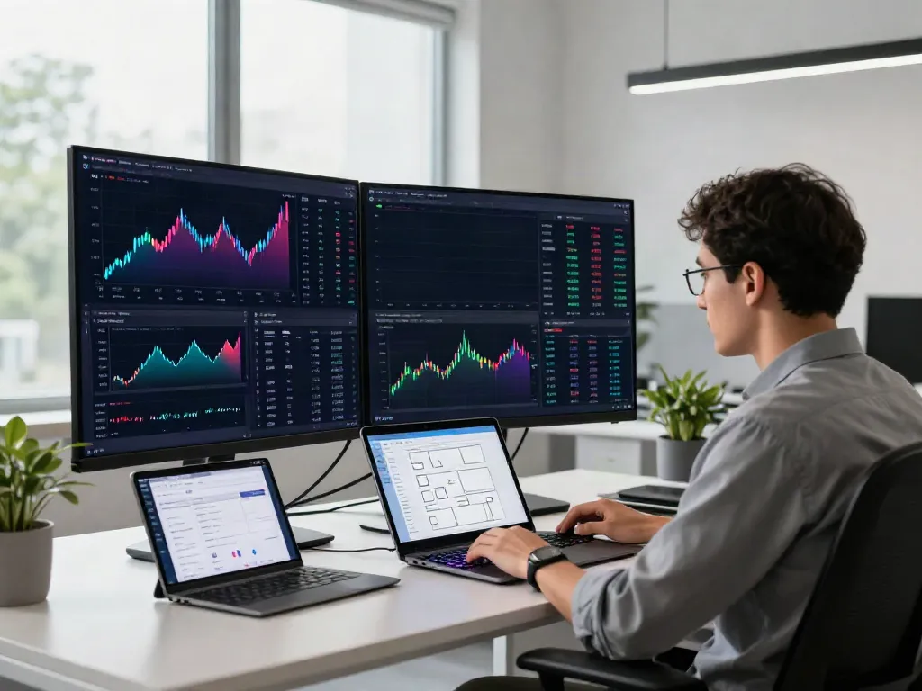 TSE market data feed showcased on monitors in a modern cryptocurrency trading workspace, highlighting Bitcoin and Ethereum analysis.