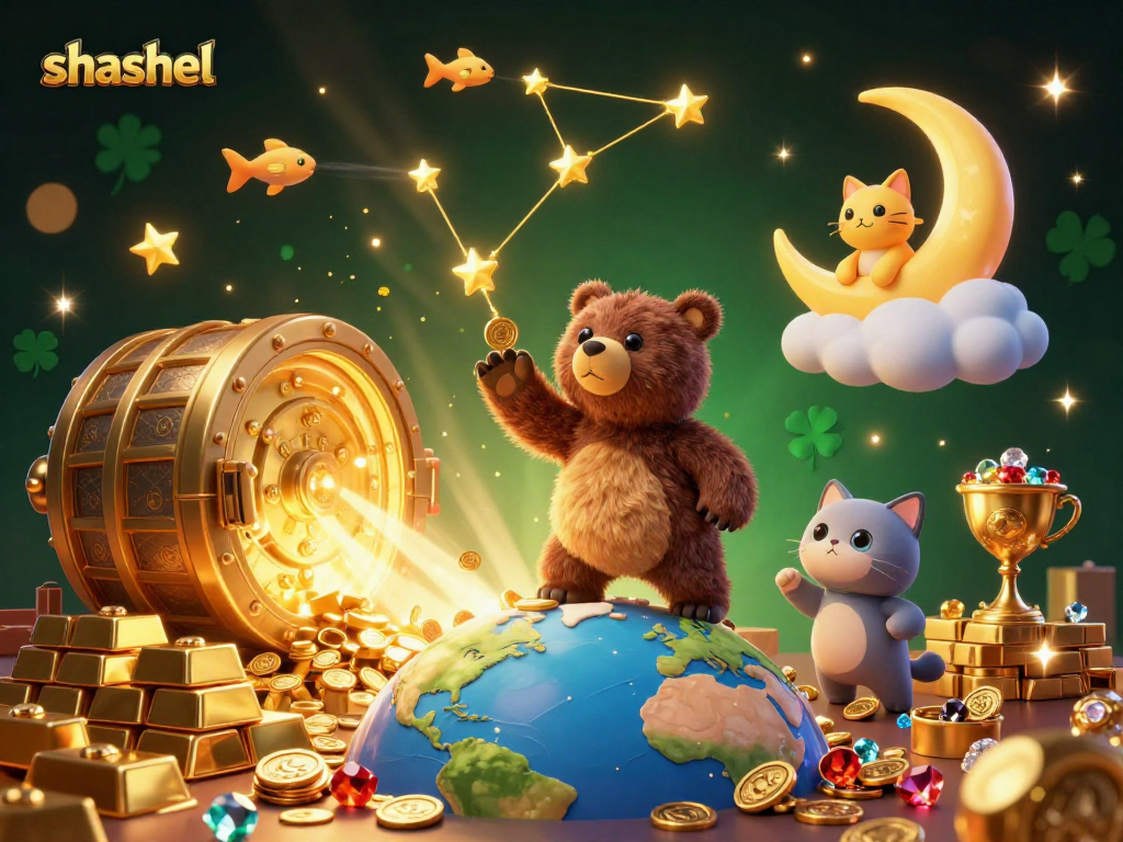 Join shashel in a captivating casino adventure as golden treasures and stars illuminate your winning journey.