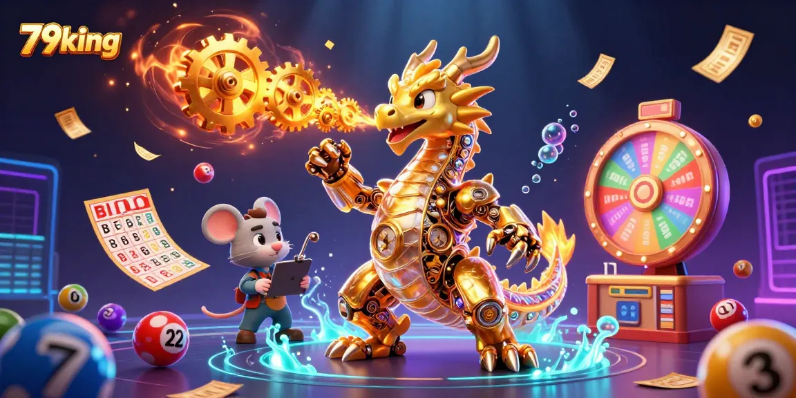 79king's golden dragon unleashes gears in a vibrant lottery scene, capturing casino excitement.