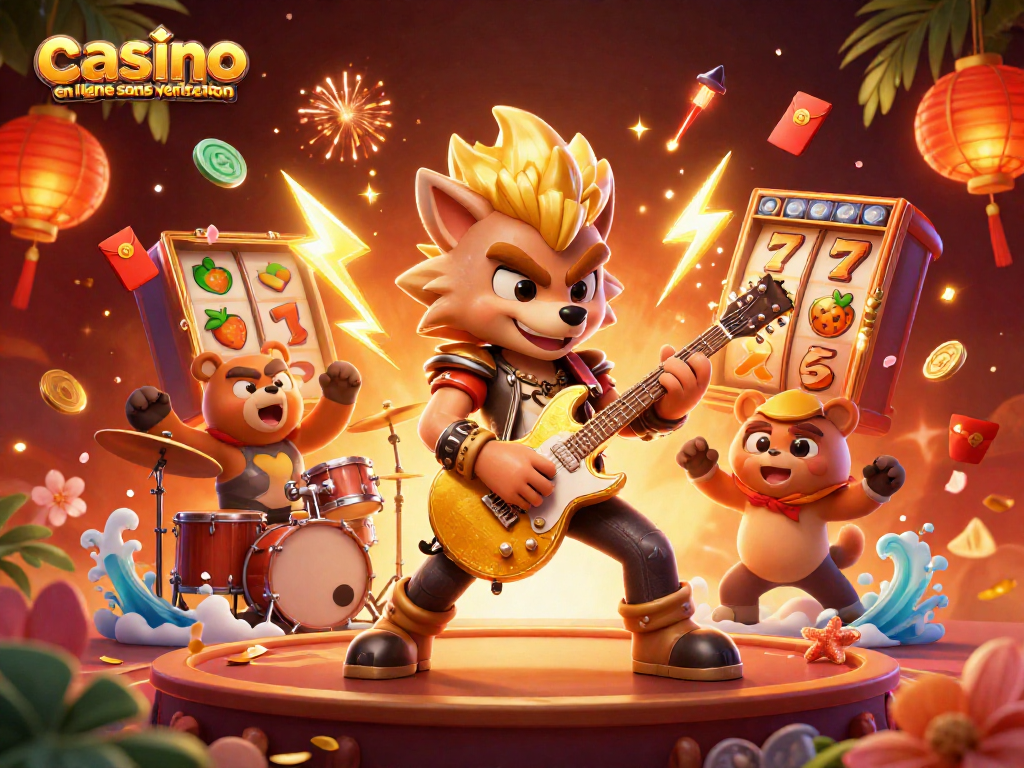 Jouez sur un casino en ligne sans vérification avec des héros animés sur scène, entourés de jets de lumière et d'éléments de jeu.