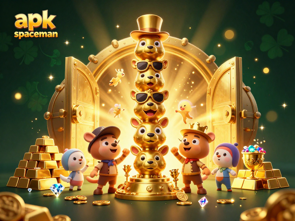Play apk spaceman slots with exciting 3D animation featuring golden totem, gems, and vibrant casino elements.
