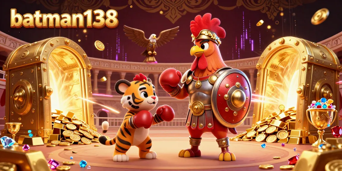 Experience thrilling gameplay at batman138 with an epic 3D illustration of a gladiator rooster and treasures.
