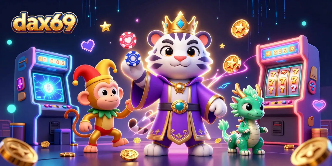 Dax69 memikat pemain dengan ilustrasi kasino beraura, memperlihatkan harimau putih, monyet emas, dan naga giok.