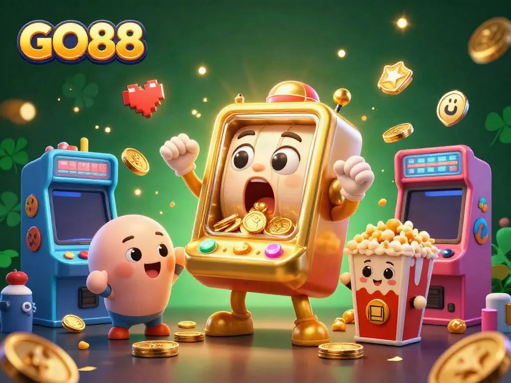 Engaging illustration showcasing GO88 slot machines celebrating a jackpot with colorful arcade elements.